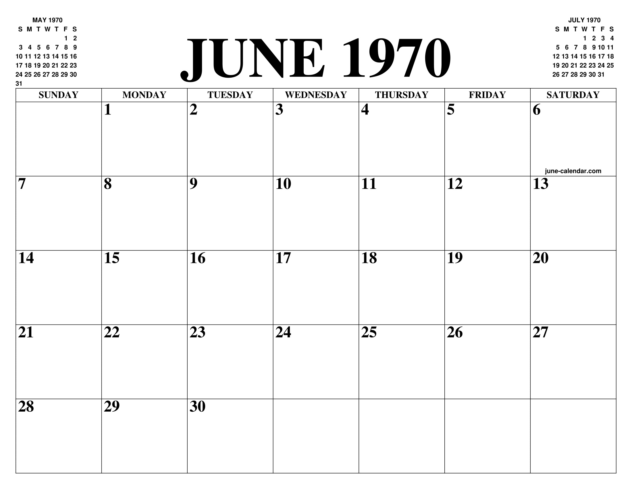 JUNE 1970 CALENDAR OF THE MONTH: FREE PRINTABLE JUNE CALENDAR OF THE YEAR - AGENDA