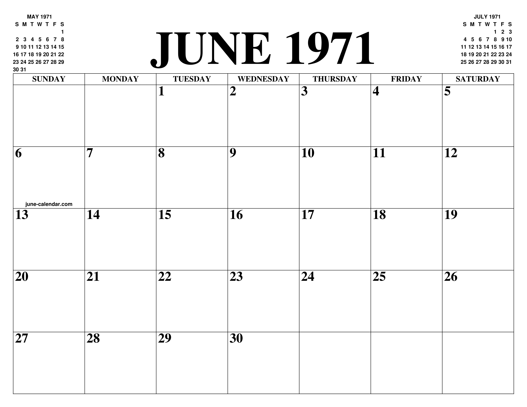 JUNE 1971 CALENDAR OF THE MONTH: FREE PRINTABLE JUNE CALENDAR OF THE