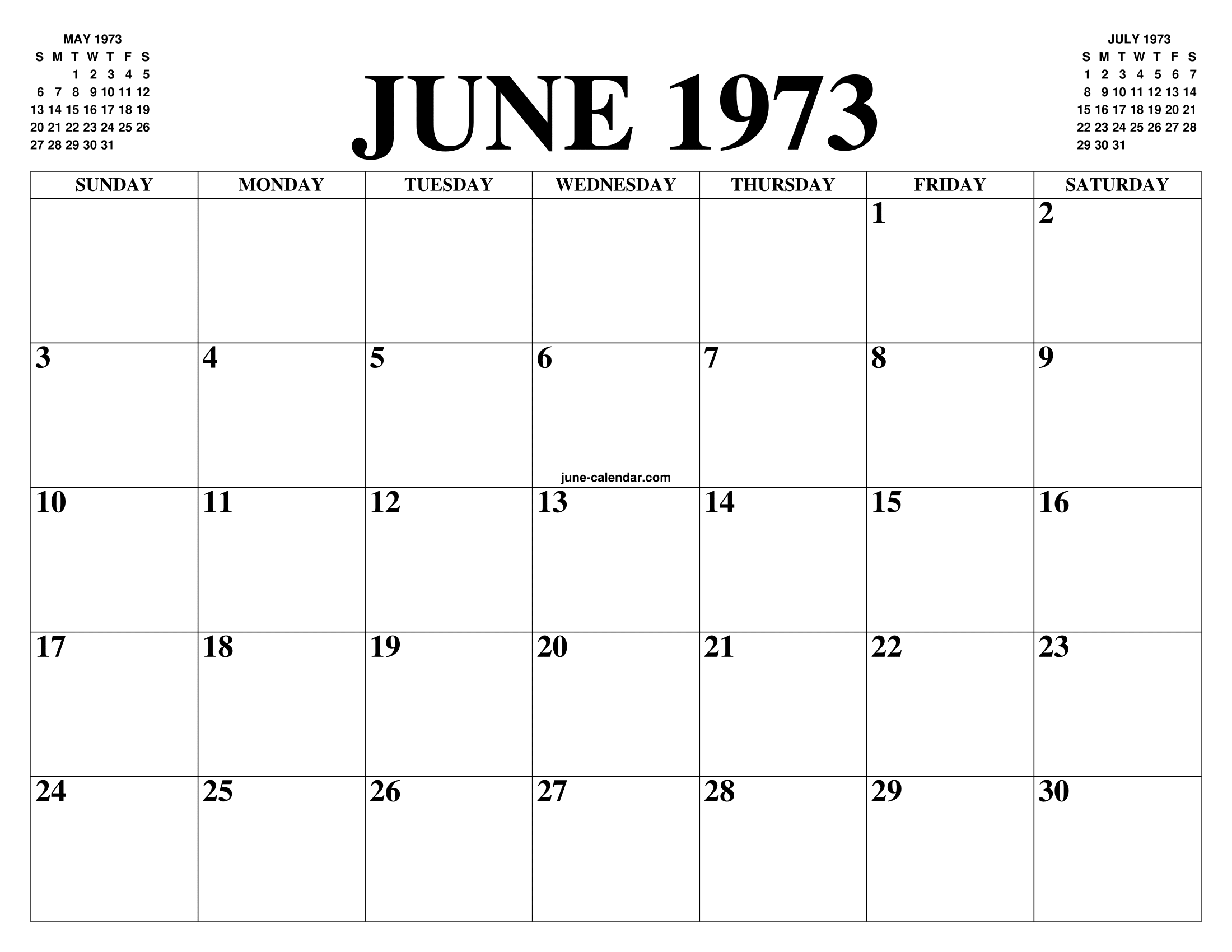 JUNE 1973 CALENDAR OF THE MONTH: FREE PRINTABLE JUNE CALENDAR OF THE YEAR -  AGENDA