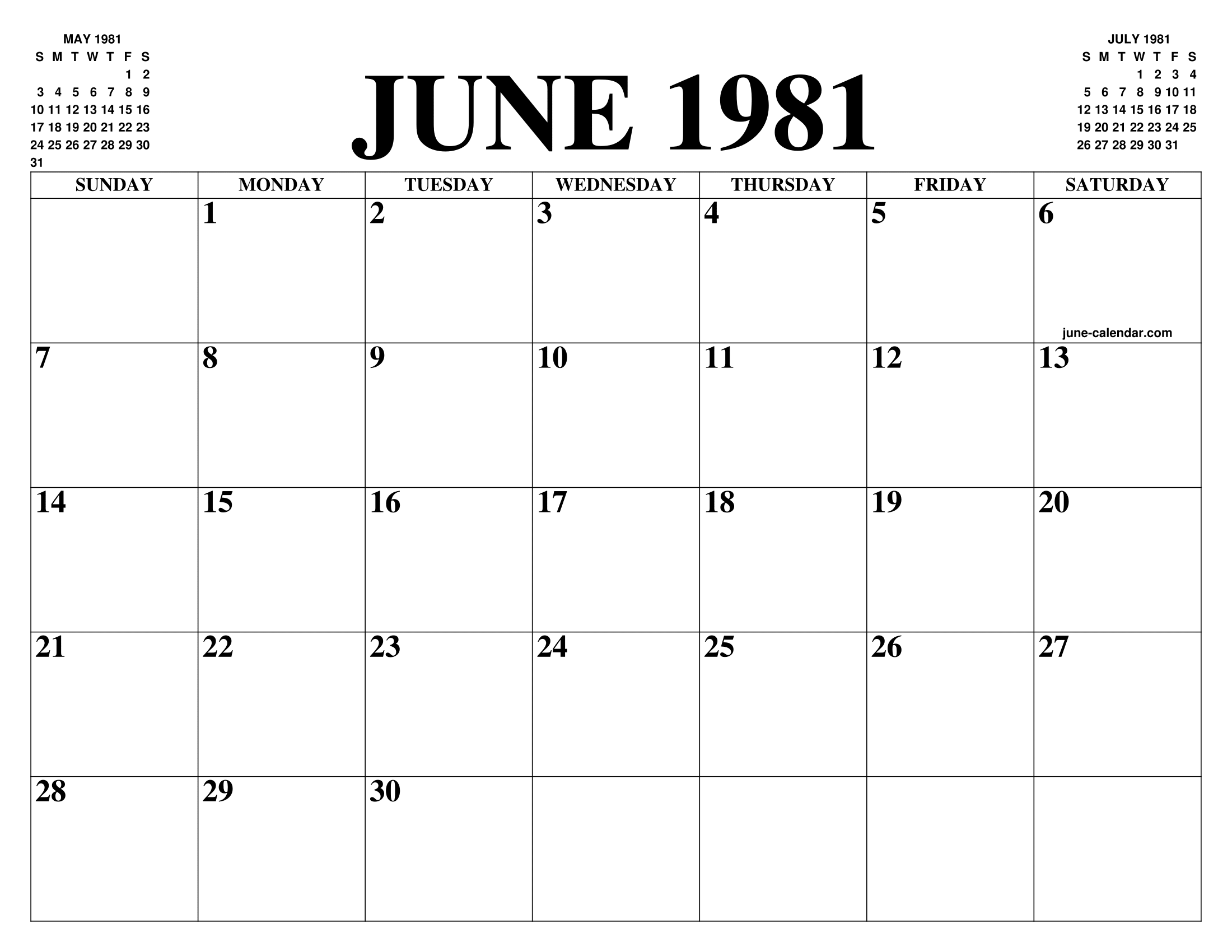 JUNE 1981 CALENDAR OF THE MONTH FREE PRINTABLE JUNE CALENDAR OF THE JUNE 1981 CALENDAR OF THE MONTH FREE PRINTABLE JUNE CALENDAR OF THE