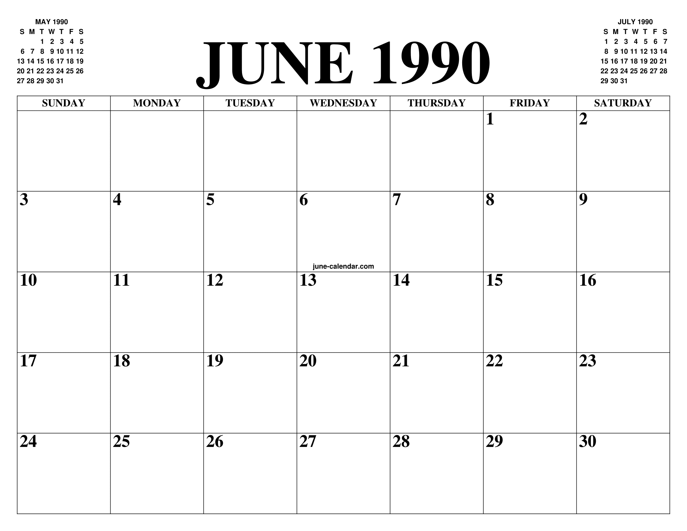 JUNE 1990 CALENDAR OF THE MONTH: FREE PRINTABLE JUNE CALENDAR OF THE