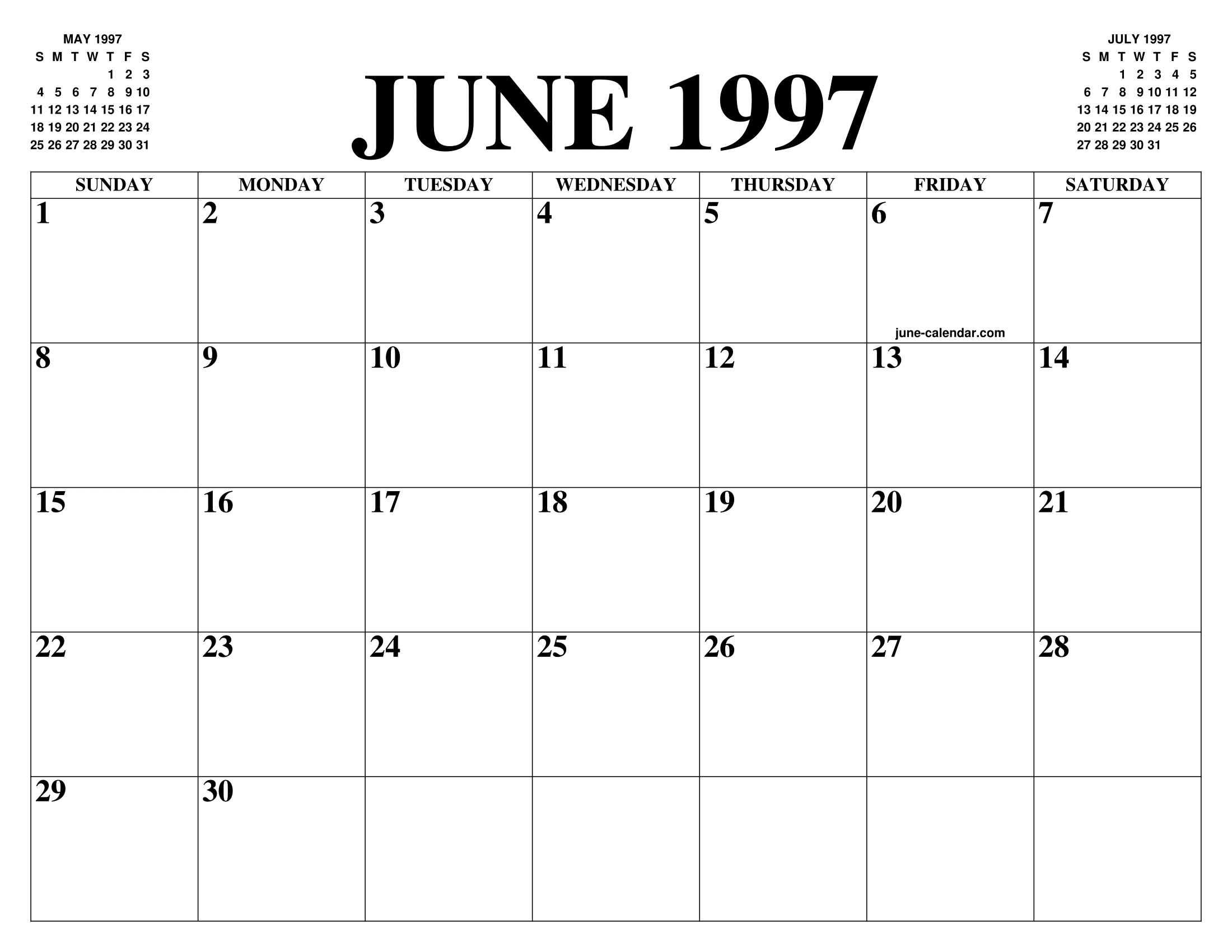 JUNE 1997 CALENDAR OF THE MONTH: FREE PRINTABLE JUNE CALENDAR OF THE YEAR -  AGENDA