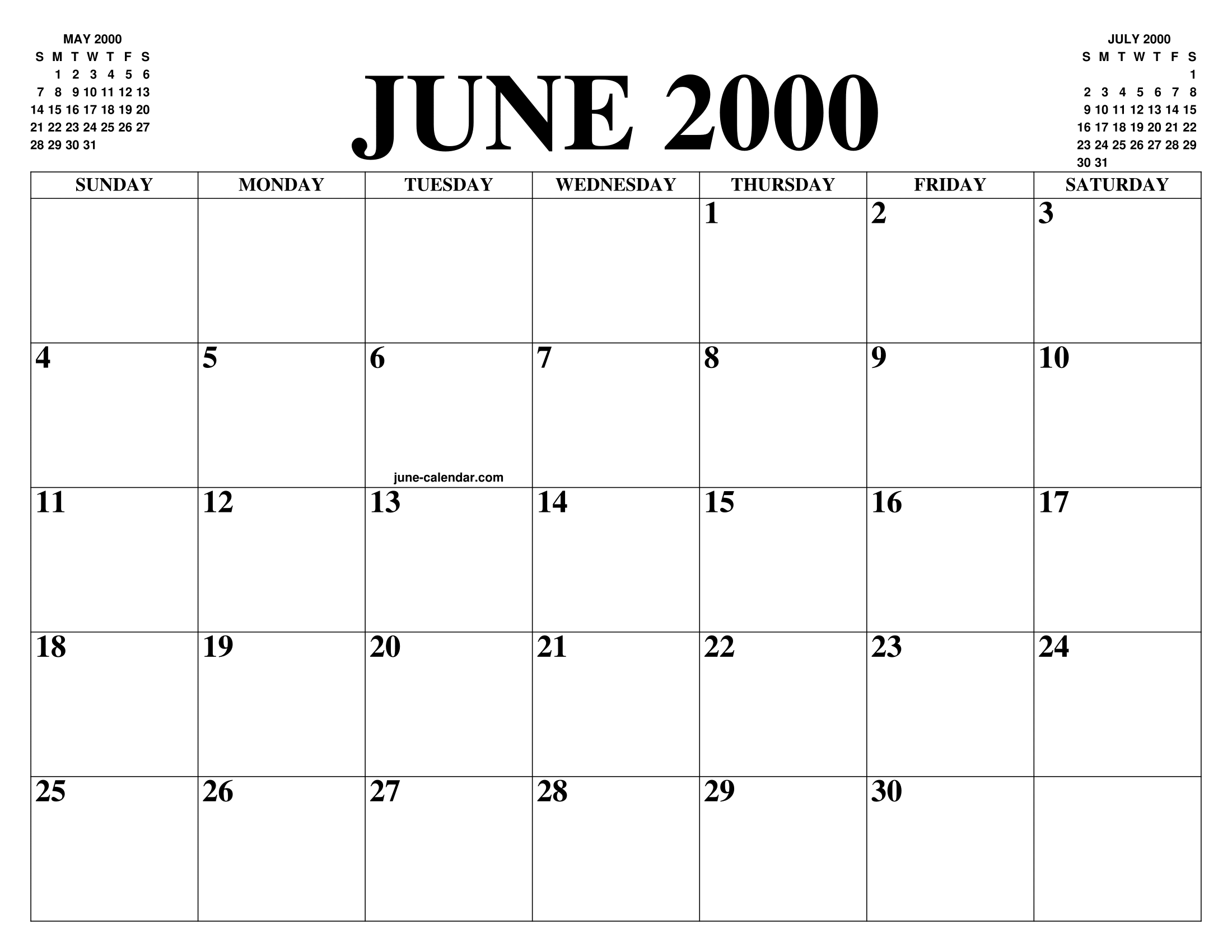 JUNE 2000 CALENDAR OF THE MONTH: FREE PRINTABLE JUNE CALENDAR OF THE YEAR - AGENDA