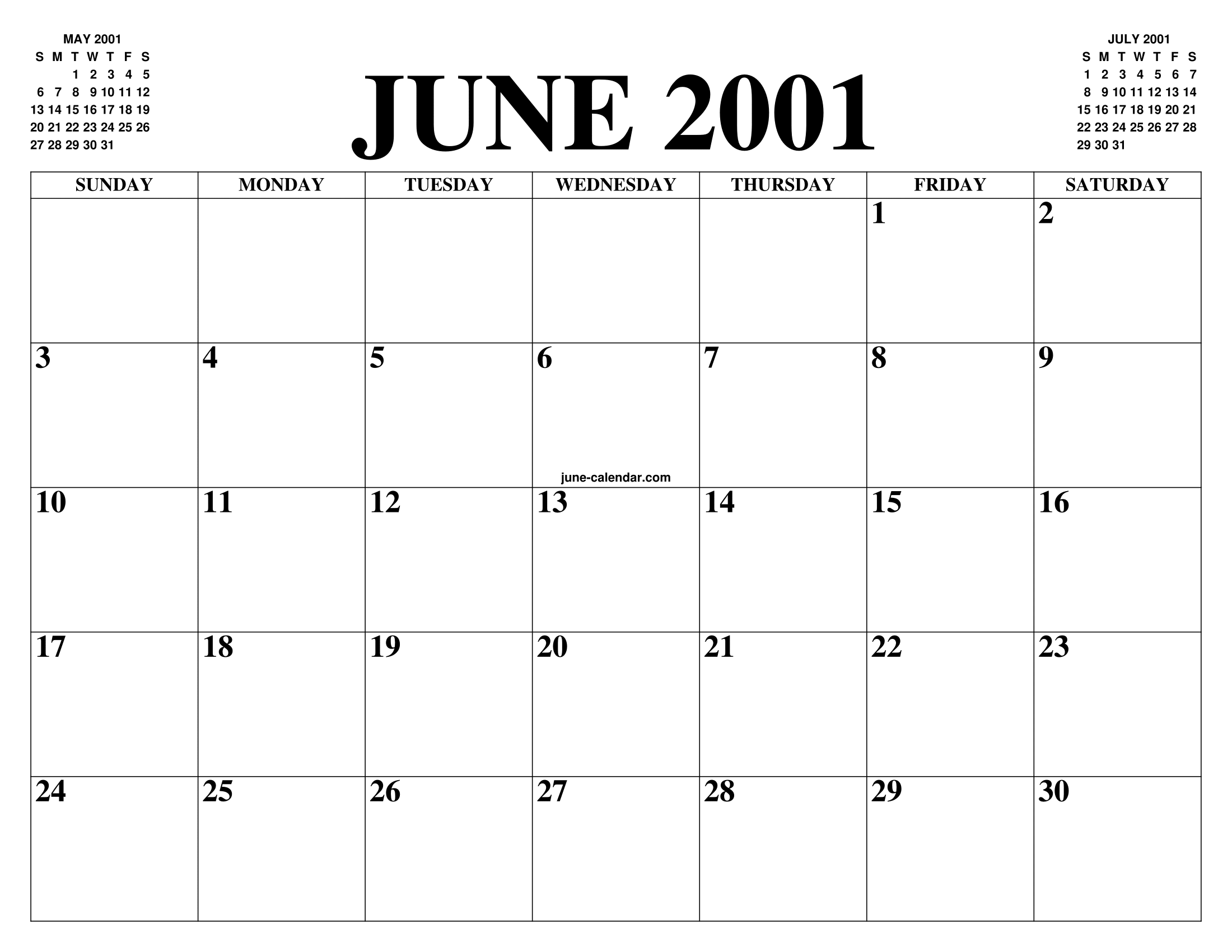 JUNE 2001 CALENDAR OF THE MONTH: FREE PRINTABLE JUNE