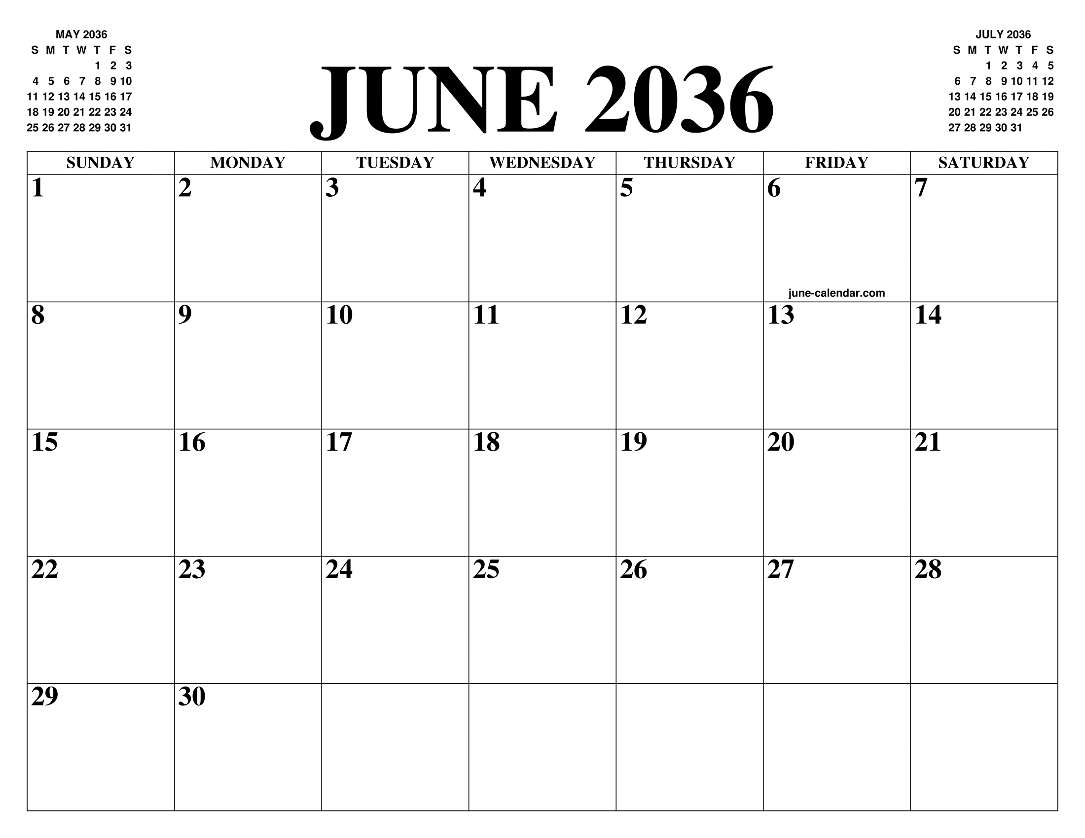JUNE 2036 CALENDAR OF THE MONTH: FREE PRINTABLE JUNE CALENDAR OF THE ...